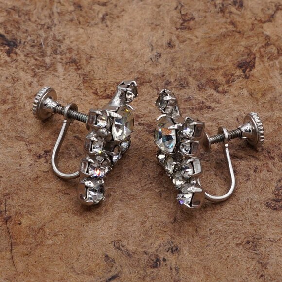 1960 Art Deco Style Chevron Crystal Cluster Stud Earrings Screw Back - Picture 6 of 8